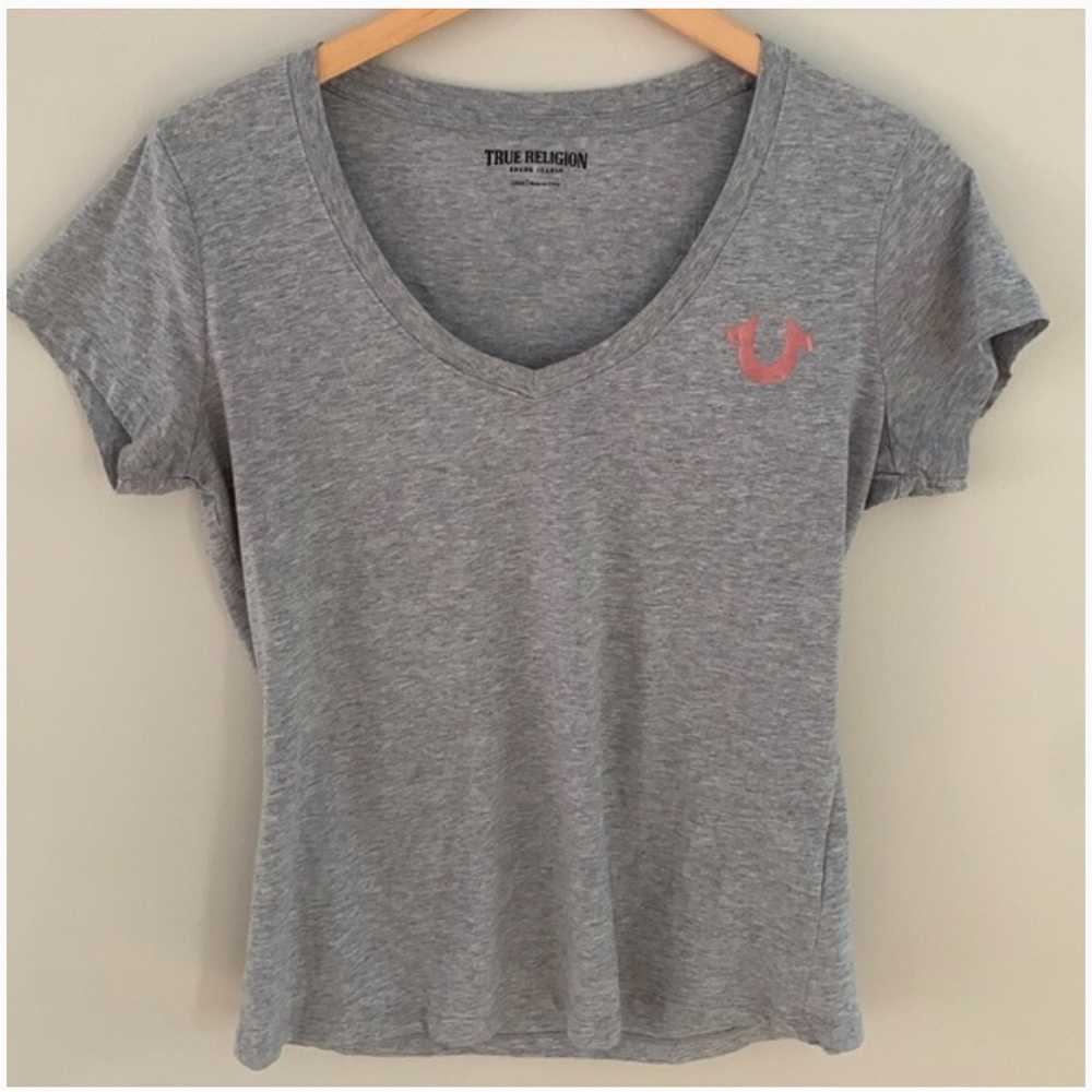 New True Religion Buddha Foil Back V-Neck Graphic Tee Shirt Heather Grey Size M